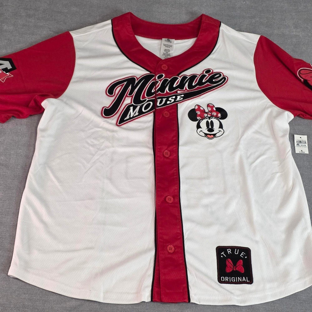 Disney Parks Minnie Mouse Baseball Jersey Women XL White Red Embroidered NEW
